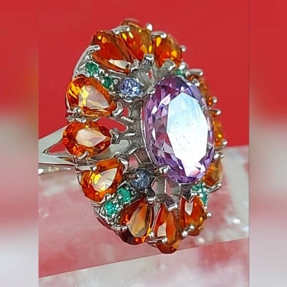 Natural Amethyst 6x4mm,‎ Citrine, Emerald 925 Sterling Silver Jewelry Ring 7.75 - Picture 9 of 12